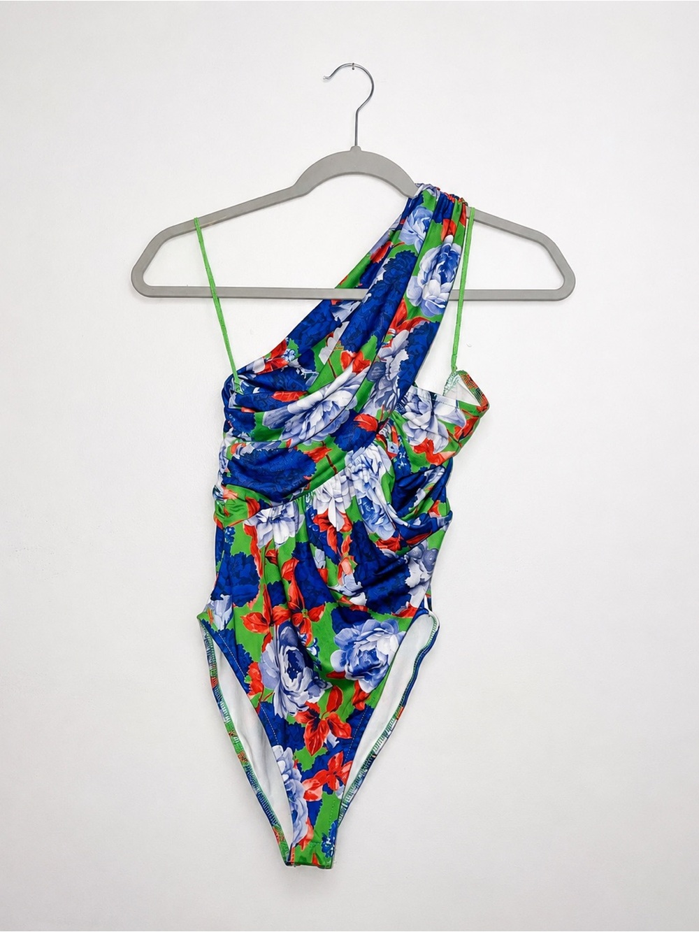 Zara One-Shoulder Floral Bodysuit in Blue, Green & Red